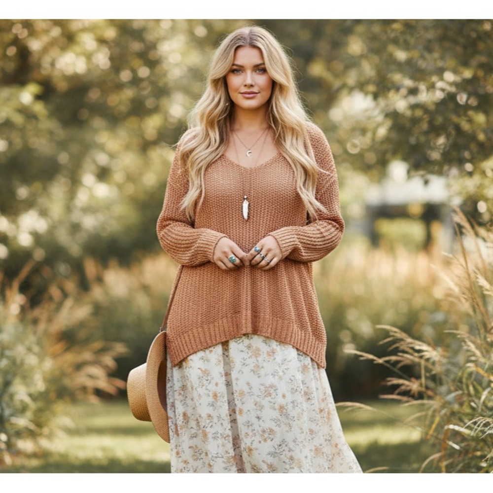 NEW Loft Coral Orange Sweater Shimmer V Neck 1X Cottage Earthy Boho Mod 16 18W